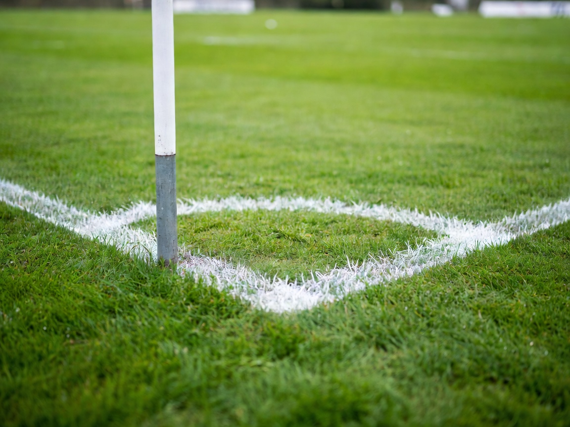Shallow-focus view of a corner flag base and white pitch markings on grass