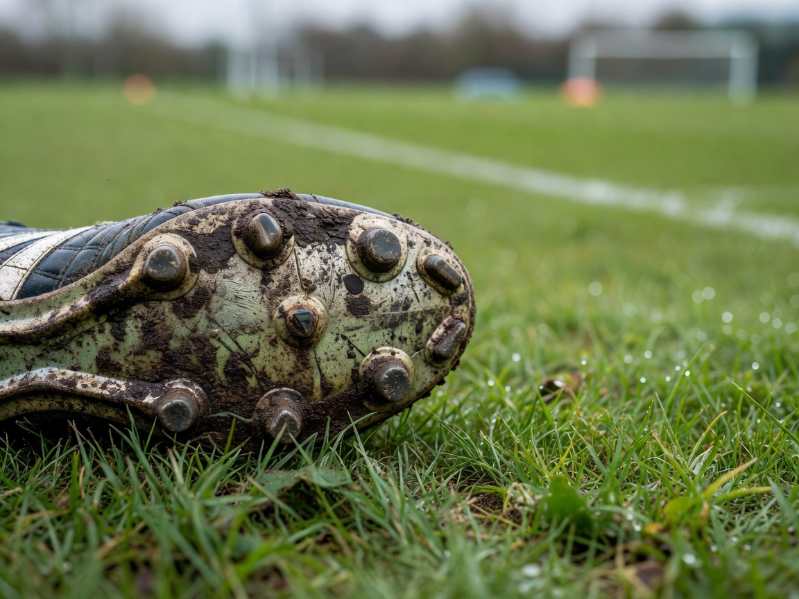 Close-up of worn football boot studs beside a training pitch with a blurred background