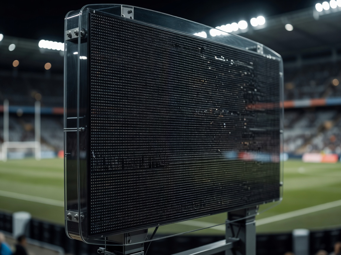Close-up of a football scoreboard with the surrounding stadium out of focus