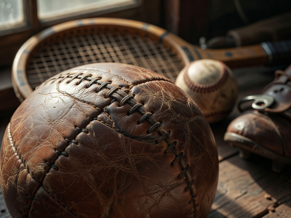 Close-up of seams on a worn leather sports ball with equipment blurred behind it
